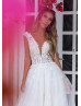 Beaded V Neck Ivory Lace Tulle Sparkle Wedding Dress